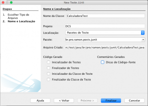 Tela de Criação de um Teste de Unidade no NetBeans