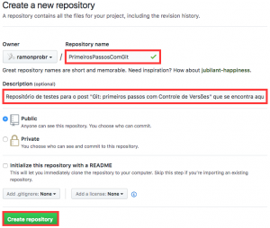 Tela "Create a new repository" do GitHub